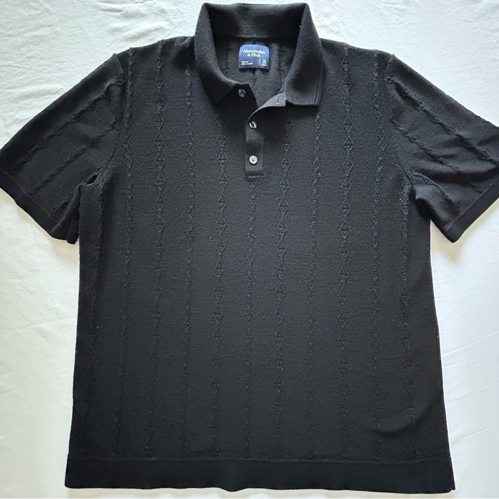 Abercrombie Black Merino Wool Knit Polo XL Tall Textured Shir